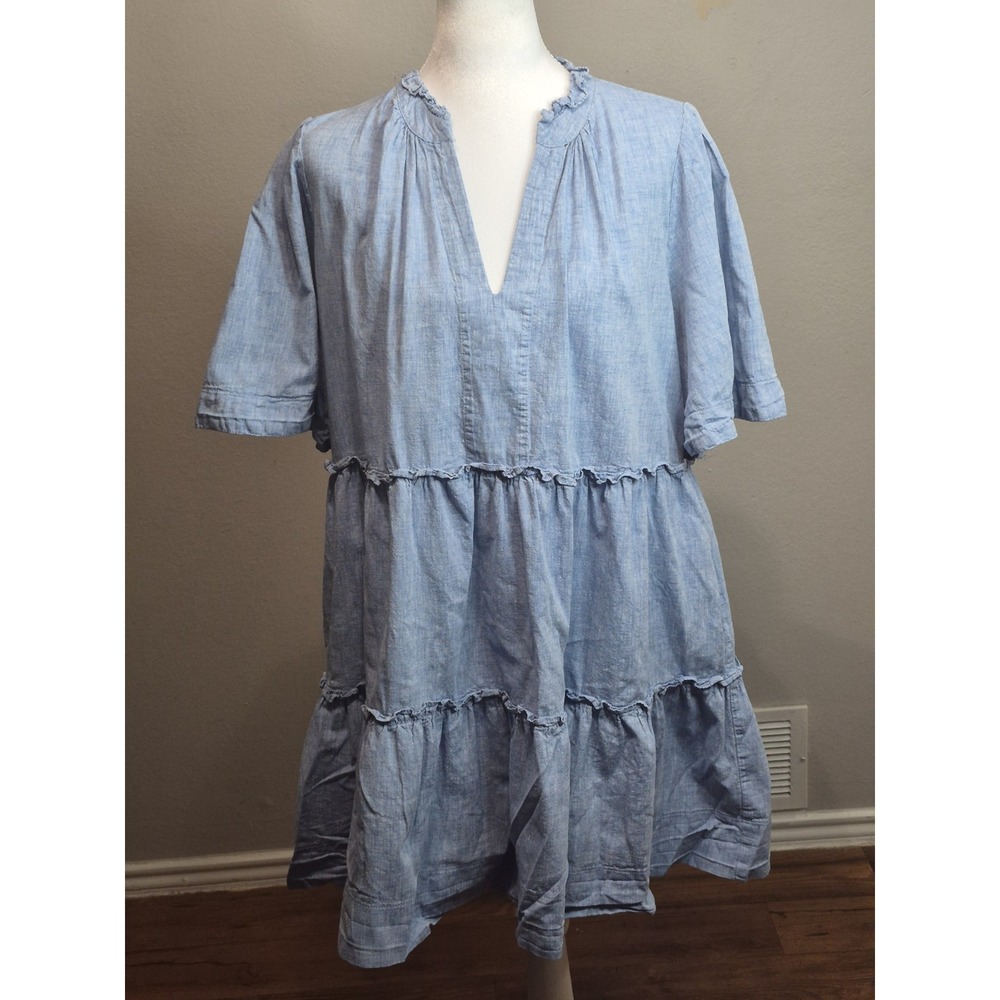 Tuckernuck Chambray Crawford Dress Women XL Blue Linen Blend Tiered Ruffle Flaws